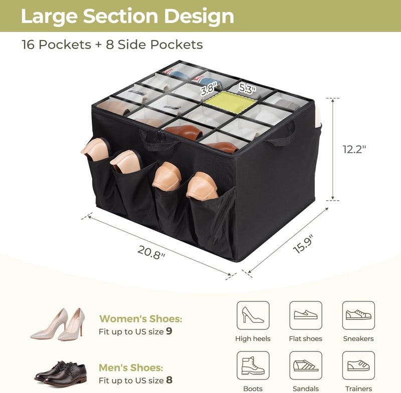 STORAGEIDEAS Shoe Organizer for Closet, Shoe Storage Solution with Clear Cover & Adjustable Dividers, Fabric Shoe Box Fits 16 +8 Pairs Shoes, Black, 2-Pack - Image 2